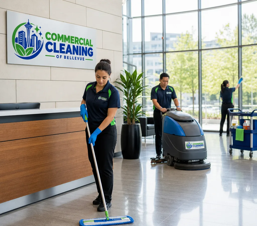 Uniformed janitorial team cleaning a modern Bellevue office lobby with microfiber tools and a floor auto-scrubber