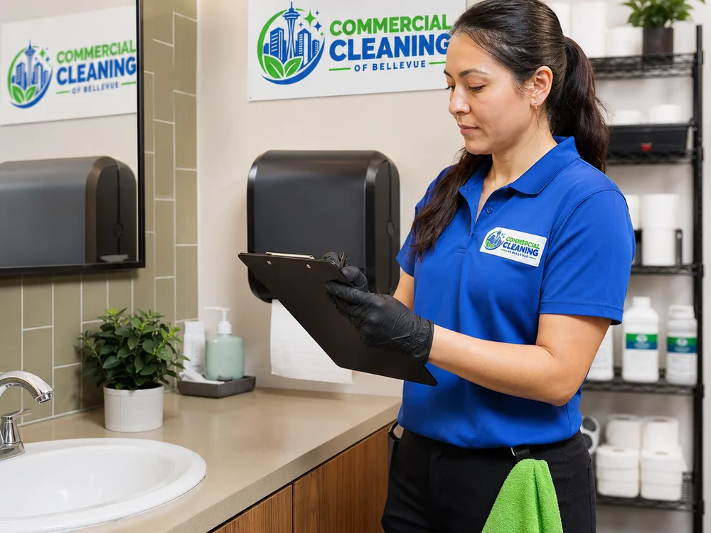 Cleaner reviewing a site-specific checklist while restocking a commercial office restroom